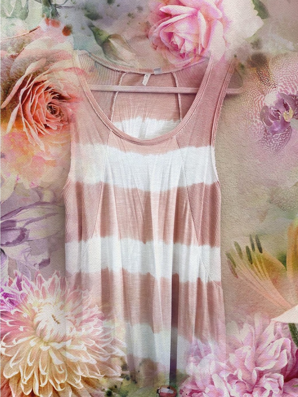 Women's Soft Sleeveless Striped XL Tie-Dye Tank Top - Light Pink & White